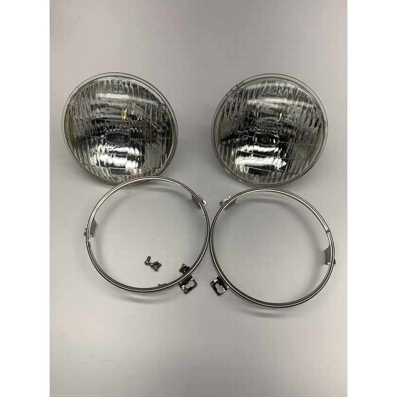 (2) Vintage IKI 5.75'' Round Headlight Head Lamps Chrome Mount Rings H5001 H5006